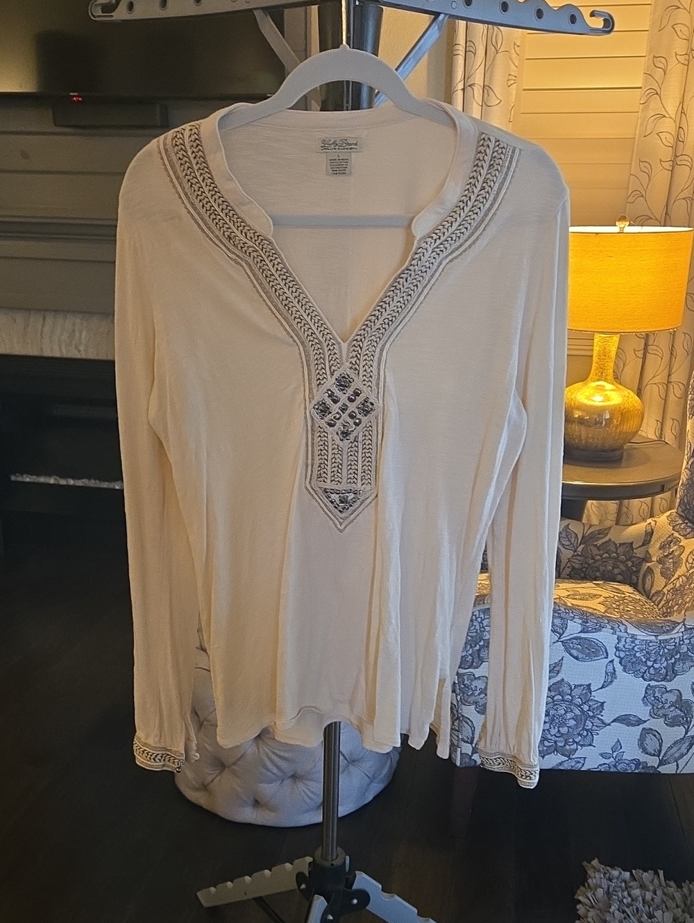 Lucky Brand Embroidered V-Neck Long Sleeve Top in Cream